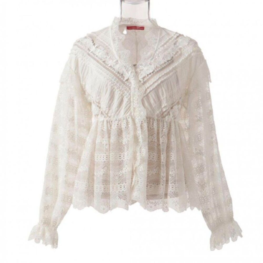 Vivenne Tam Cream Off White Lace Crochet Sheer Romantic Blouse XS